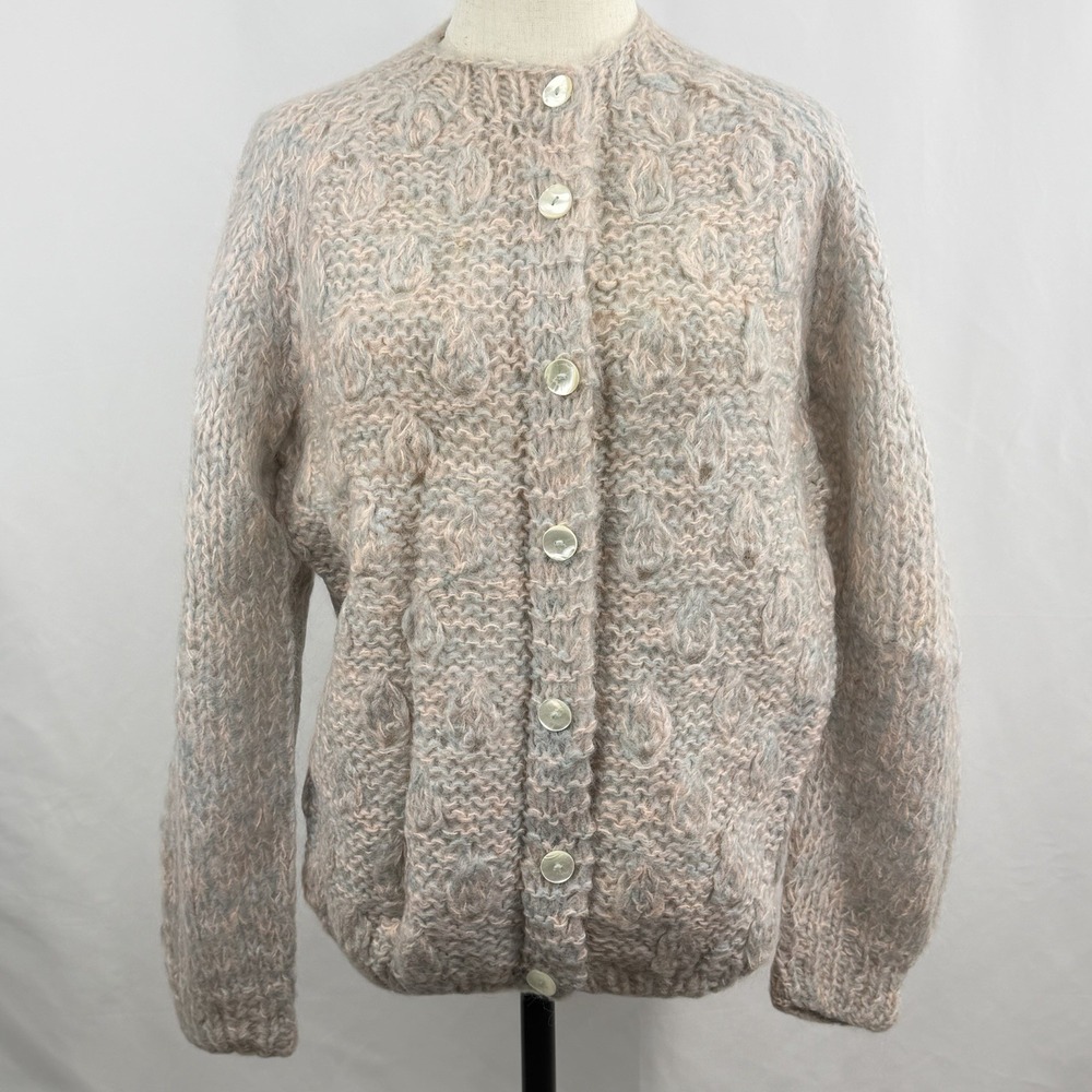 Vintage 50s Mohair Wool Cardigan Sweater Italy Dayton's Pastel Pink Blue 36 - Picture 1 of 6